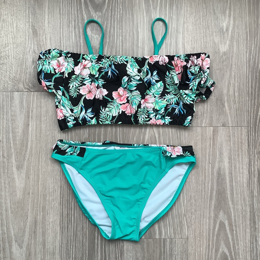 Girls Tommy Bahama black green tropical floral matching bikini set size 16